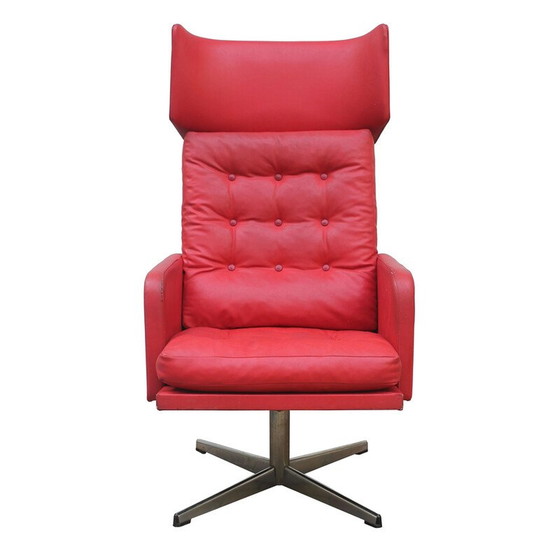 Image 1 of Vintage swivel armchair in red leather and steel, Czechoslovakia 1970s
