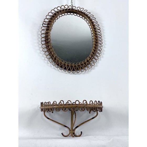 Image 1 of Mid-century console table with wall mirror in rattan and bamboo, Italy 1960s