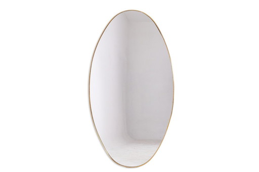 Oval-shaped mirror set with a gilded brass rod. Circa 1970.
