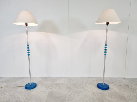 Image 1 of Paire de lampadaires en verre bleu par Carl Fagerlund pour Orrefors, 1960s