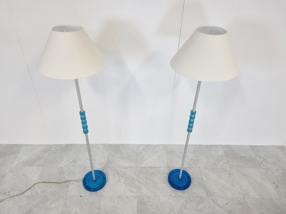 Image 1 of Paire de lampadaires en verre bleu par Carl Fagerlund pour Orrefors, 1960s