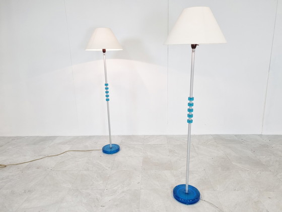 Image 1 of Paire de lampadaires en verre bleu par Carl Fagerlund pour Orrefors, 1960s