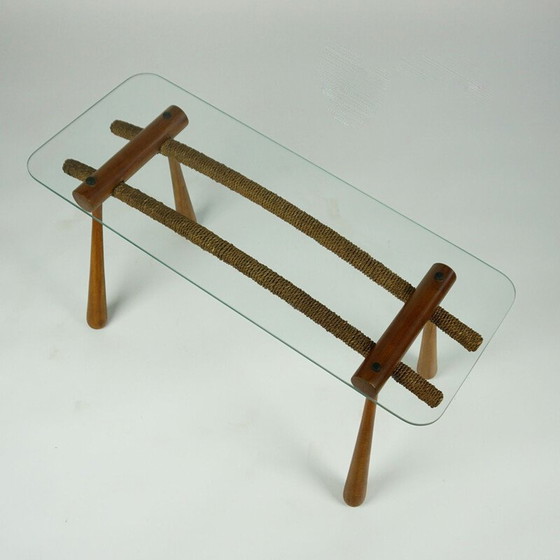 Image 1 of Midcentury Beechwood Side Table with Cord and Glass Top by Max Kment Austrian 1950s