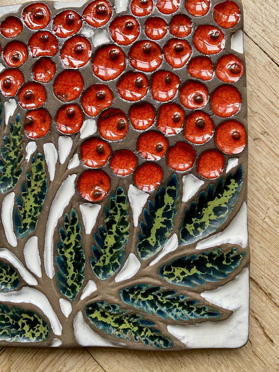 Image 1 of Thick Earthworks Tile With Berries And Leaf, 1950s/60s, Made In The Ussr