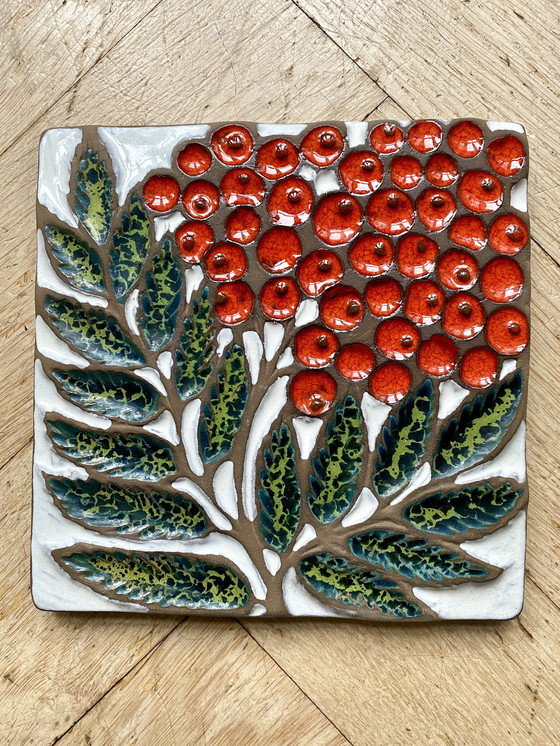 Image 1 of Thick Earthworks Tile With Berries And Leaf, 1950s/60s, Made In The Ussr