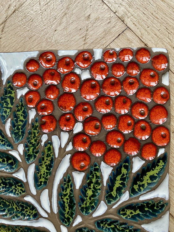 Image 1 of Thick Earthworks Tile With Berries And Leaf, 1950s/60s, Made In The Ussr