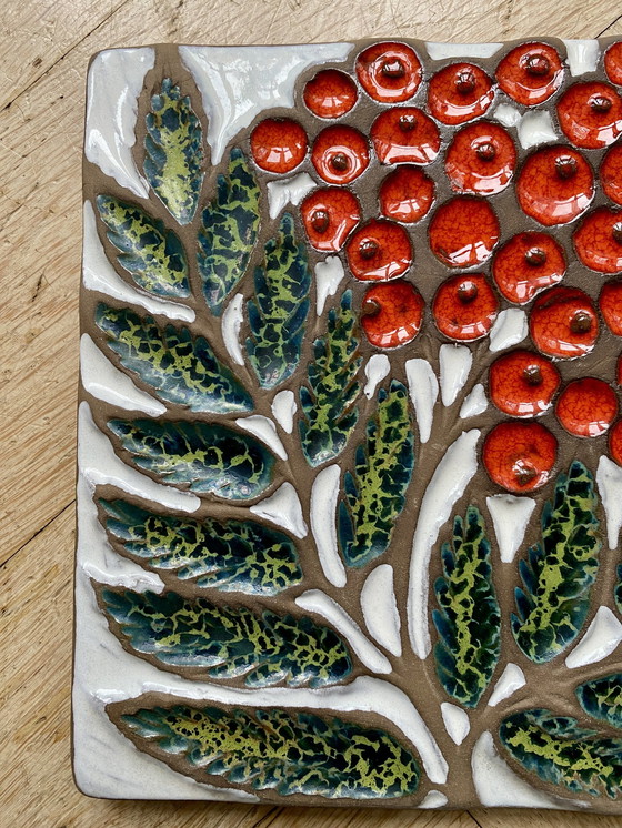 Image 1 of Thick Earthworks Tile With Berries And Leaf, 1950s/60s, Made In The Ussr