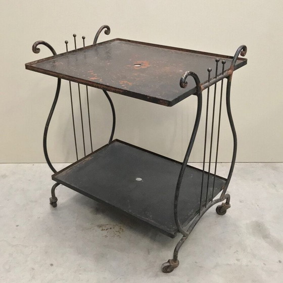 Image 1 of Vintage iron bar cart table with a harp
