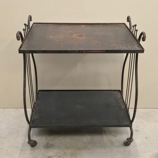 Vintage iron bar cart table with a harp
