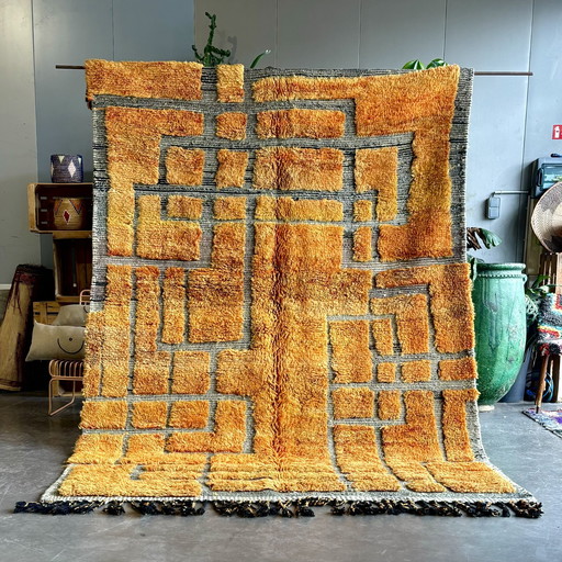 "Tiziri" - Mid-Century Modern Orange Moroccan Wool Rug - 200x300 cm