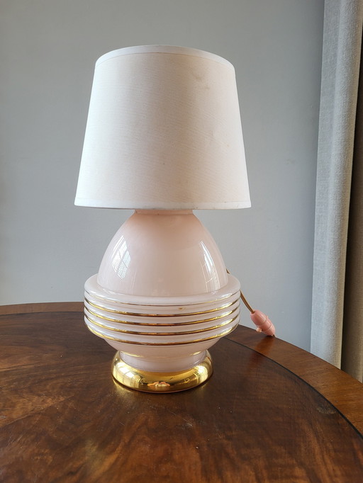 Art Deco Table Lamp, Pink Clichy Glass With Gold Finish, France, 1940