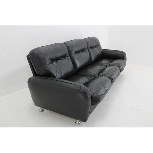 Vintage 3-seater sofa in black leather, Italy 1970