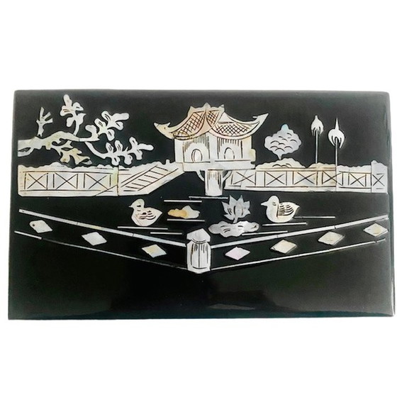 Image 1 of Vintage Japanese Jewelry Box Inlaid With Mother of Pearl