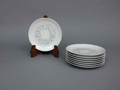 Raymond Loewy (1883-1986) Set Of 8 Breakfast Plates (18.5 Cm), Script, Rosenthal, Continental China