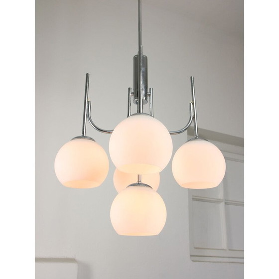 Image 1 of Vintage chandelier in chrome and opaline glass, Italy 1970