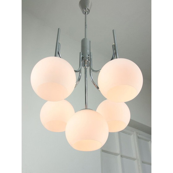 Image 1 of Vintage chandelier in chrome and opaline glass, Italy 1970