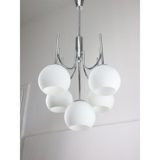 Image 1 of Vintage chandelier in chrome and opaline glass, Italy 1970
