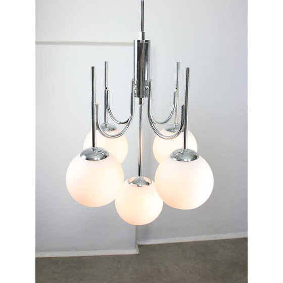Image 1 of Vintage chandelier in chrome and opaline glass, Italy 1970