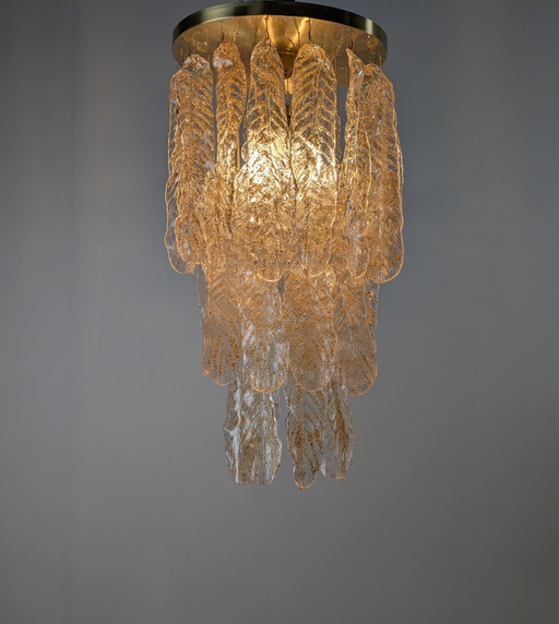 Italian Chandelier With Amber Caramel Murano Glass Leaves, 1970S