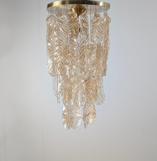 Italian Chandelier With Amber Caramel Murano Glass Leaves, 1970S