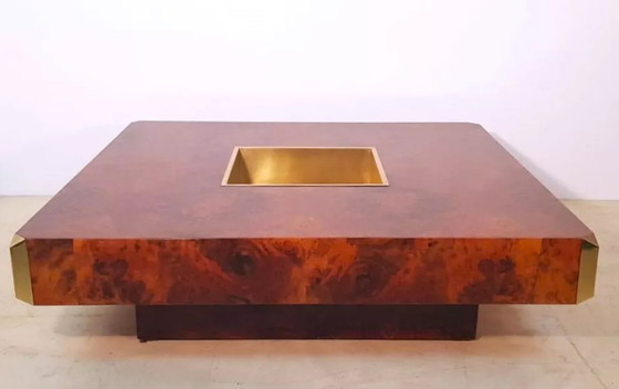 Image 1 of Willy Rizzo Burl Wood And Brass Square Bar Coffee Table Alveo.