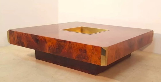 Image 1 of Willy Rizzo Burl Wood And Brass Square Bar Coffee Table Alveo.