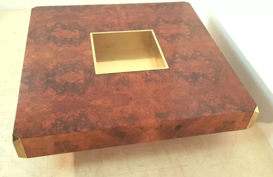 Image 1 of Willy Rizzo Burl Wood And Brass Square Bar Coffee Table Alveo.