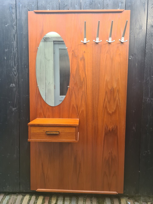 Fifties Teak wallcoatrack with mirror and drawer.