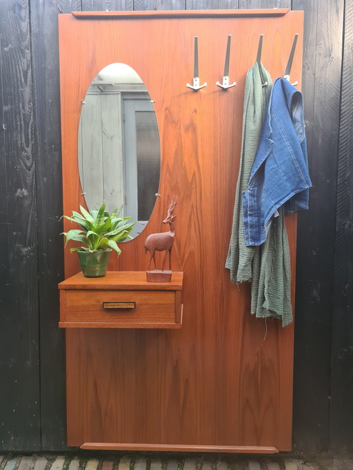 Fifties Teak wallcoatrack with mirror and drawer.