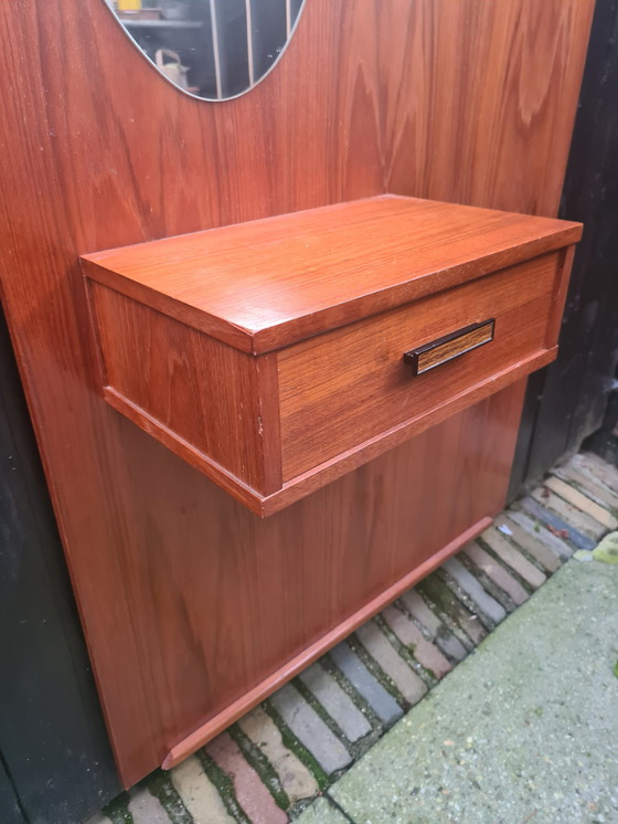 Image 1 of Fifties Teak wallcoatrack with mirror and drawer.