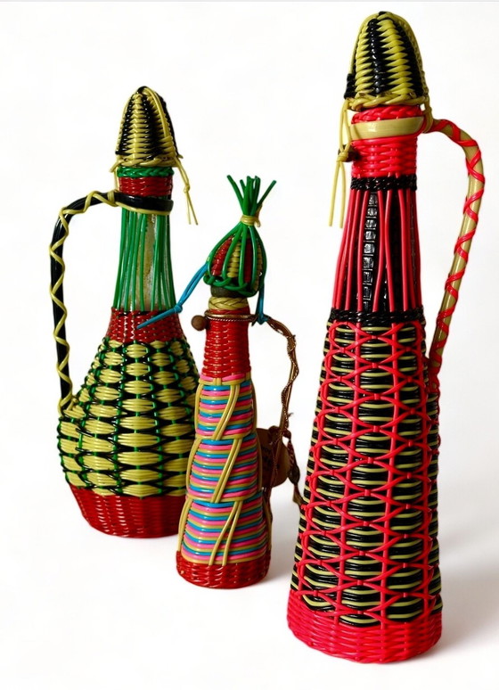 Image 1 of Set Of Three French Vintage Scoubidou Bottles Decoration