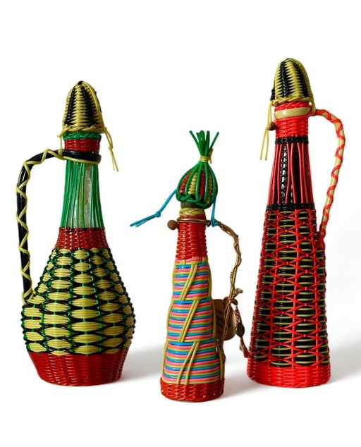 Set Of Three French Vintage Scoubidou Bottles Decoration