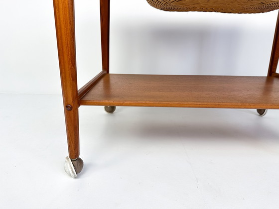 Image 1 of Mid-Century Teak Sewing Table Or Bar Cart With Slide Out Basket