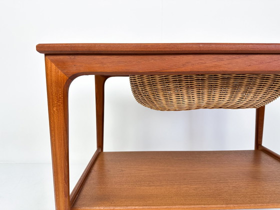 Image 1 of Mid-Century Teak Sewing Table Or Bar Cart With Slide Out Basket