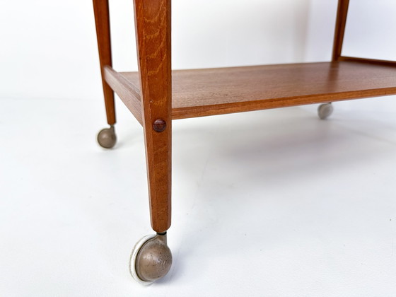 Image 1 of Mid-Century Teak Sewing Table Or Bar Cart With Slide Out Basket