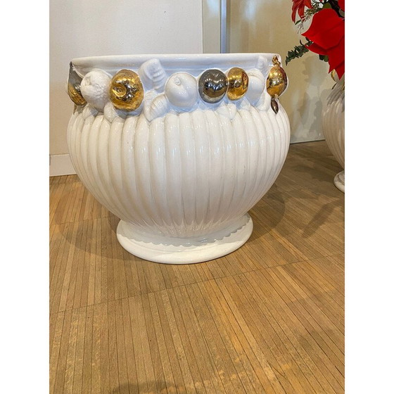 Image 1 of Vintage white lacquered ceramic vases with gold decorations, Italy 1970