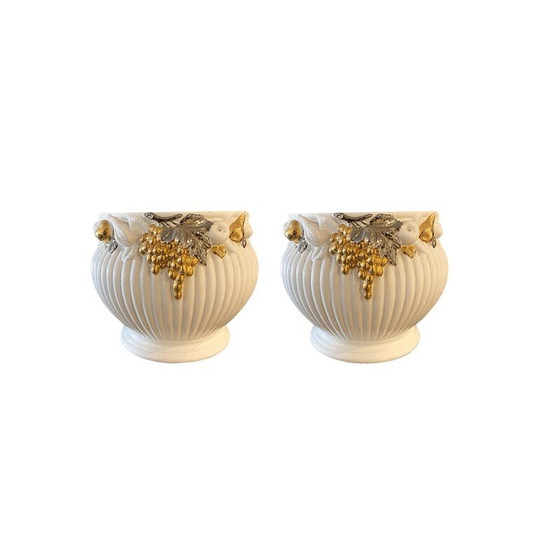 Image 1 of Vintage white lacquered ceramic vases with gold decorations, Italy 1970