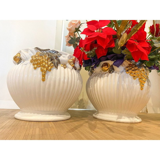 Image 1 of Vintage white lacquered ceramic vases with gold decorations, Italy 1970