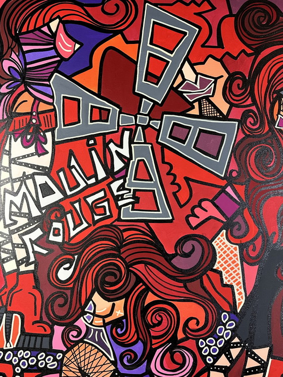 Image 1 of Acrylic and Posca on Canvas "Moulin Rouge" Contemporary Art by Red Dito