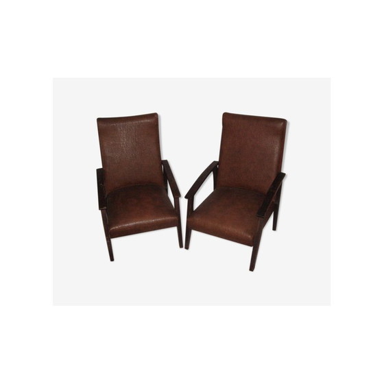 Image 1 of Pair of vintage armchairs in skai and wood, 1950-1960