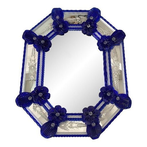 Venetian Octagonal Blue Floreal Hand-Carving Mirror In Murano Glass Style