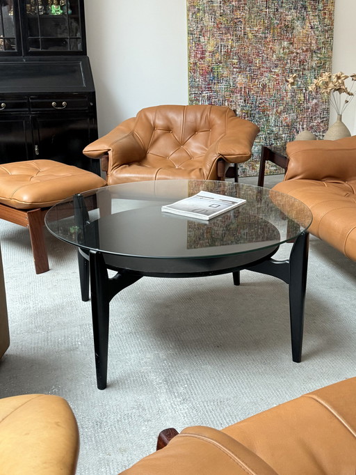 Wilhelm Renz coffee table glass wood black round 103Cm diameter, Germany 1960s