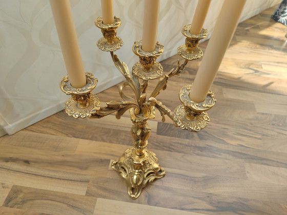 Image 1 of Candeliere a 5 bracci riccamente decorato, ottone, cimelio