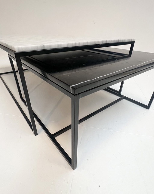 Set Of 2 Coffee Tables In Black And White Marble, After 2000