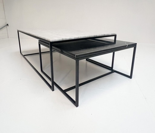 Set Of 2 Coffee Tables In Black And White Marble, After 2000