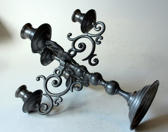 Image 1 of Lourd candélabre haut en étain, chandelier à 5 branches - Vintage