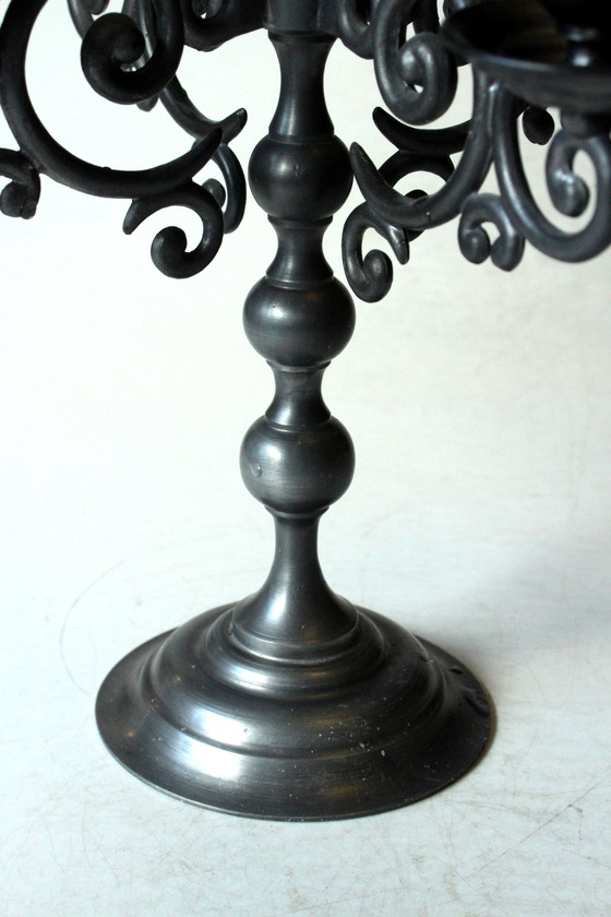 Image 1 of Lourd candélabre haut en étain, chandelier à 5 branches - Vintage
