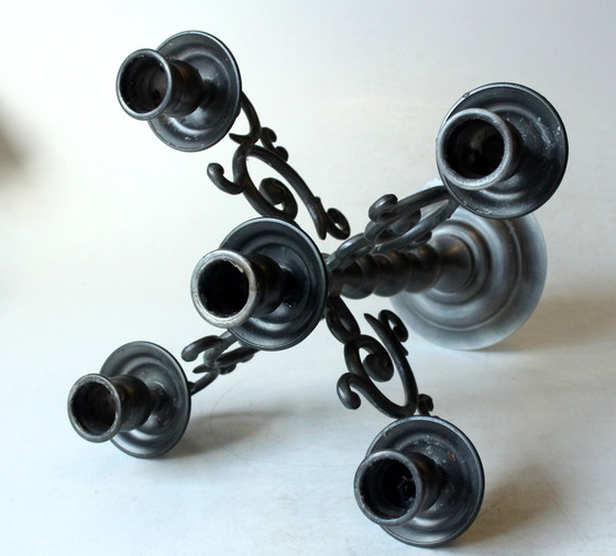 Image 1 of Lourd candélabre haut en étain, chandelier à 5 branches - Vintage