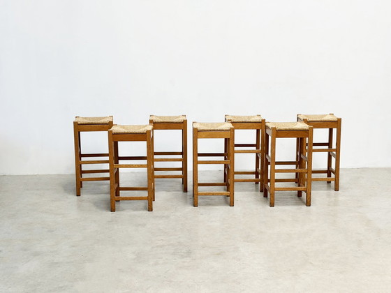 Image 1 of set of seven rattan and wood barstools