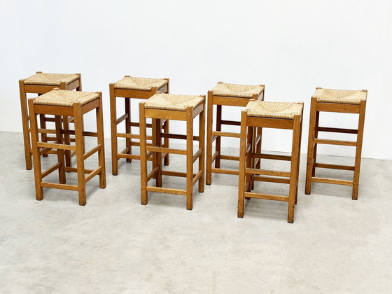 Image 1 of set of seven rattan and wood barstools